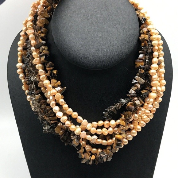925 Sterling Silver Vintage Multi-Strand Gemstone Pearl Tiger's Eye Necklace - Picture 8 of 10